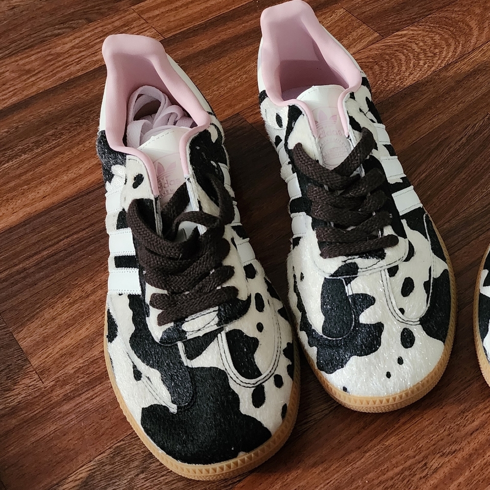 Adidas Cow Print Sneakers with Pink Accents